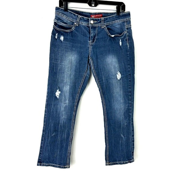 Red Rivet Womens Cropped Size 11 Blue Jeans Thick Stitch Distressed Straight E3 - Picture 1 of 11
